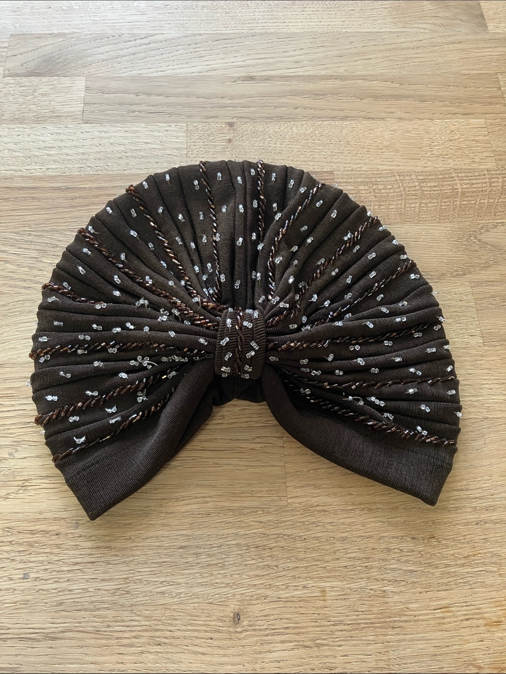 Vintage Brown Pleated Knot Turban Hat with Silver Rhinestones Accents